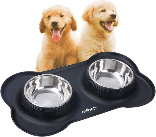 Gamelle Chat Chien, Double Bol en Acier Inoxydable, Antiderapante, avec Tapis en Silicone Anti-Débordement